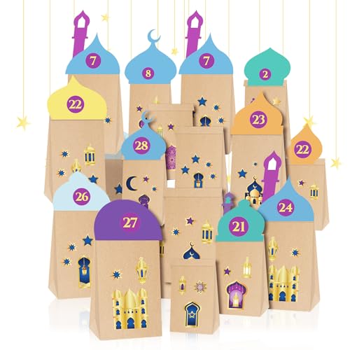 ZIOYA 30 Stück Ramadan Kalender zum Befüllen Ramadan Deko DIY Ramadan Kalender Tüten Sticker mit 30 Zahlenaufklebern + 30 Dächern + 6 Aufklebern + 2 Punktkleber von ZIOYA