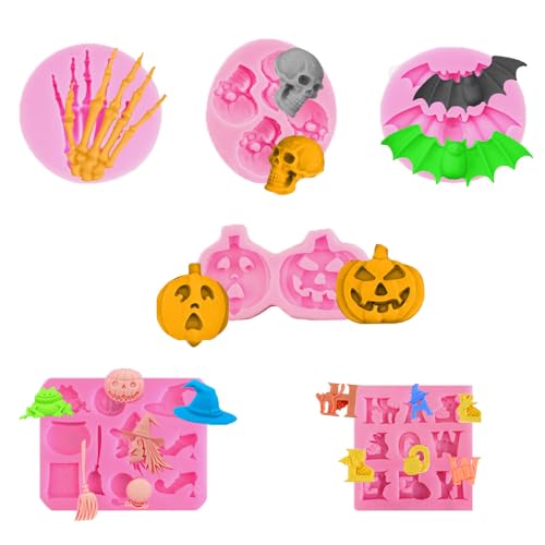 ZIOYA 6 Stück Halloween Silikonform Thanksgiving Formen Kürbis Totenkopf Kürbis Geist Fledermaus Hexenhut Form Schablone Für DIY-Halloween-Pralinen Bonbons Gelees von ZIOYA