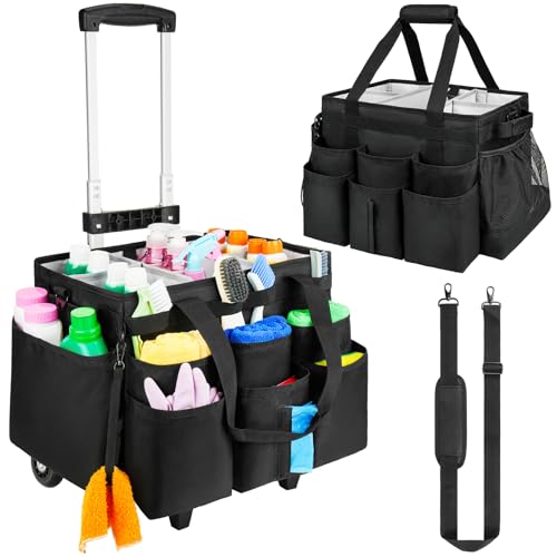 ZIOZERTT Große Reinigungs-Tasche mit abnehmbarem Trolley, Reinigungswagen auf Rädern mit Schultergurt, Reinigungsmittel-Organizer für Haushälterinnen, Schwarz von ZIOZERTT