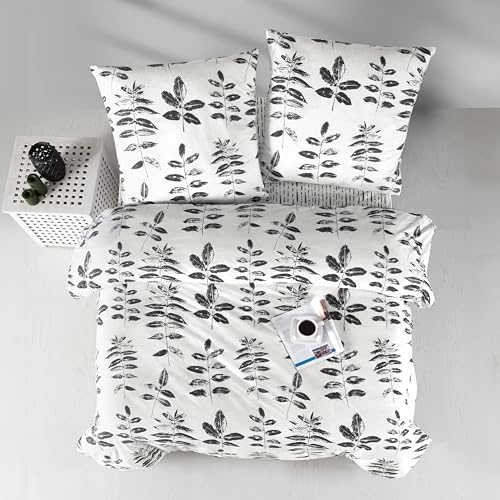 ZIRVEHOME Bettwäsche 155x220 cm. 4teilig Weiß Bettbezug Schwarze Blattmuster, Hafsa von ZIRVEHOME