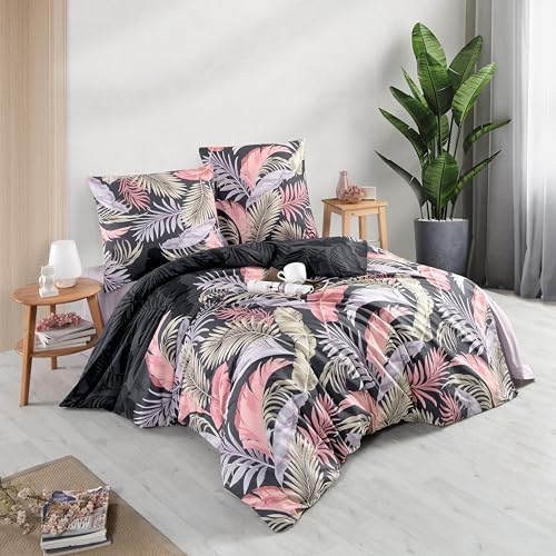 ZIRVEHOME Bettwäsche-Set 155x220 cm, 2 teilig. - Schwarz mit Palmblätter-Muster in Grau, Grün & Rosa, 100% Renforcé-Baumwolle mit Reißverschluss, Hena von ZIRVEHOME