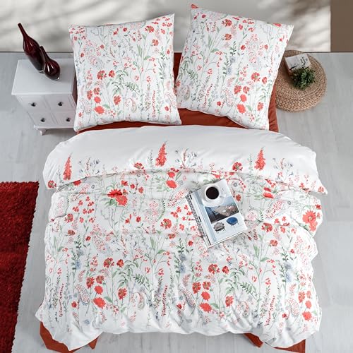 ZIRVEHOME Bettwäsche 155x220 cm. Weiß, 2-teilig, Baumwolle, Bettgarnitur mit Bettbezug und Kissenbezug 80x80, Renforcé, geblümt mit Grün, Rot Blumen-Muster. Eleyse von ZIRVEHOME