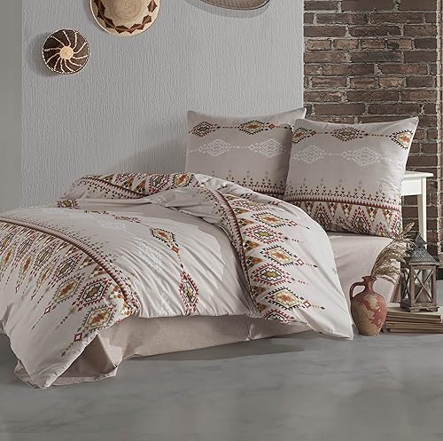 ZIRVEHOME Ethnica Deluxe Bettwäsche-Set 155x220 cm in Beige – 4-teilig, 100% Baumwolle Renforcé, Verdecktem Reißverschluss, inklusive Zwei Kissenbezügen 80x80 cm von ZIRVEHOME