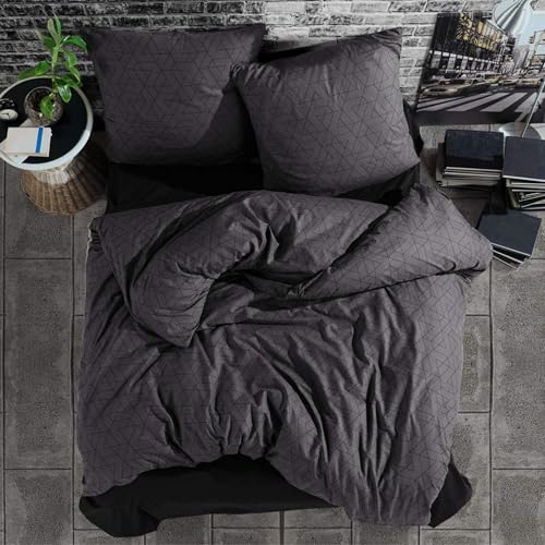 ZIRVEHOME Bettwäsche 200x200 cm dreiteilig Anthrazit Bettbezug und Kissenbezug Schwarz geometrisch Muster Bettwäsche-Set Monza V1 von ZIRVEHOME