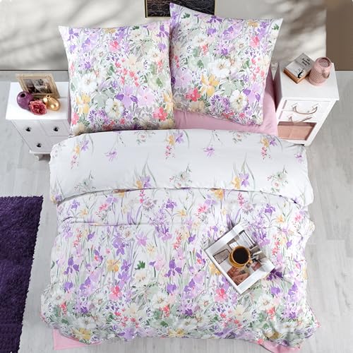 ZIRVEHOME Bettwäsche-Set 135x200 cm. 4-teilig, Baumwolle Renforcé Bettbezug Florales Muster in Lila und Rosa Kissenbezug 80x80 cm. Arse von ZIRVEHOME