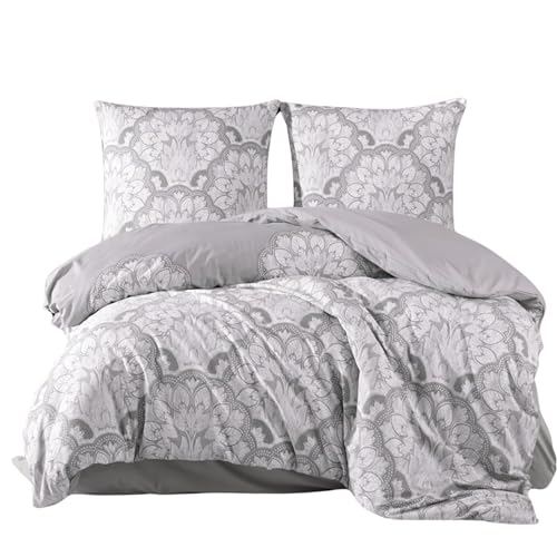 ZIRVEHOME Bettwäsche-Set 155x220 cm vierteilig Baumwolle Bettbezug Grau Barockstill weiß geblümt. TabulaV1 von ZIRVEHOME