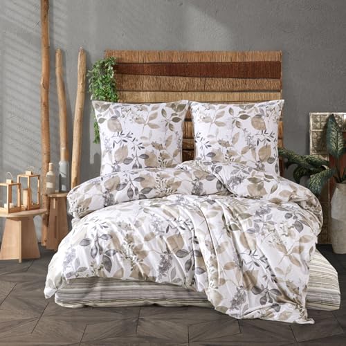 ZIRVEHOME Bettwäsche-Set 200x200 cm dreiteilig Baumwolle Bettbezug Beige & Grau Blättermuster Naturdesign. AzuraV1 von ZIRVEHOME