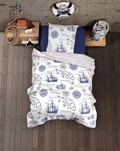 ZIRVEHOME Kinder Bettwäsche 155x220 cm, 2 teilig Set, Blau/Weiß Baumwolle Bettbezug, 100% Baumwolle/Renforcé, Reißverschluss Piraten von ZIRVEHOME