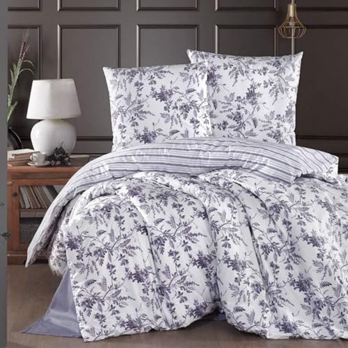 ZIRVEHOME Bettwäsche-Set 200x220 cm. dreiteilig, Baumwolle Weiß Bettbezug Lila Blumen Muster, Montera V2 von ZIRVEHOME
