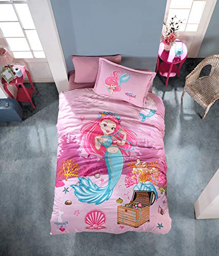 ZIRVEHOME MEERJUNGFRAU Mädchen Bettwäsche 135x200 cm, Pink, 3 teilig Set, 100% Baumwolle, Mit Reißverschluss, Mermaid, Seemädchen von ZIRVEHOME