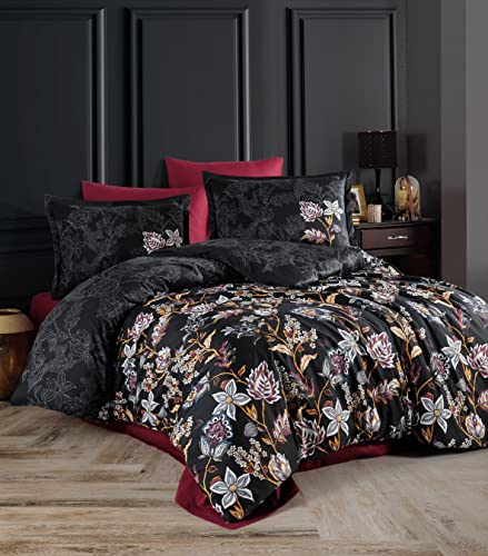 ZIRVEHOME Satin Bettwäsche 240x220 cm. 5 teilig Set. schwarz, 100% Baumwollsatin, Wende bettbezug bunt geblümt Kissenbezug Vilya V1 von ZIRVEHOME