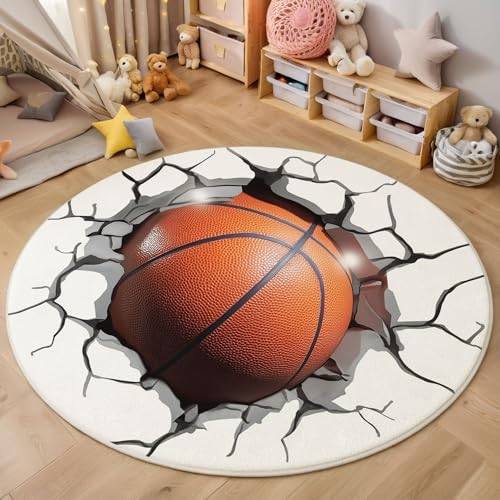 3D-Basketball Durchbricht Die Wand rutschfest Runder Teppich 160cm, Moderne Abstrakte Runder Teppich Wohnzimmer, Weiß Dekoration Teppiche Weich Waschbar Für Zuhause Bodenmatte Schlafzimmer Teppiche von ZISTRCBAO