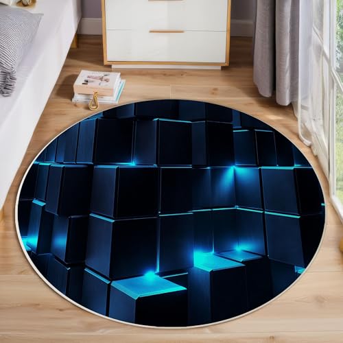 3D Blau Geometrisch Runder Teppich, Moderne Abstrakte Runde Teppiche, Weich Waschbar rutschfest Wohnzimmer Schlafzimmer Nachttisch Restaurant Korridor Fußmatte Teppiche (100cm, Blau) von ZISTRCBAO