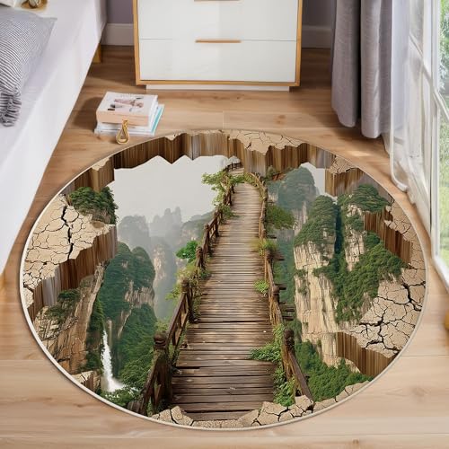 3D-Holzbrücke Auf Dem Gipfel Des Berges Kurzflor Teppich Rund, Rissiger Boden Wohnzimmerteppich, Hellbraun Runder Teppich 180cm Round Eingangsbereich Waschbar Weich for Wohnzimmer Schlafzimmer Studie von ZISTRCBAO