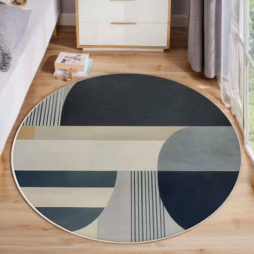 Abstrakte Geometrie Runder Teppich, Minimalismus Runde Teppiche, Weich Waschbar rutschfest Wohnzimmer Schlafzimmer Nachttisch Restaurant Korridor Fußmatte Teppiche (100cm, Grau) von ZISTRCBAO