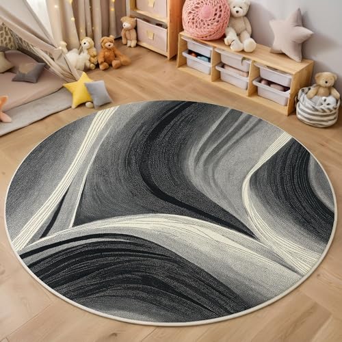 Abstrakte Linien rutschfest Runder Teppich 80cm, Minimalismus Runder Teppich Wohnzimmer, Schwarz Dekoration Teppiche Weich Waschbar Für Zuhause Bodenmatte Schlafzimmer Dekorativer Teppiche von ZISTRCBAO