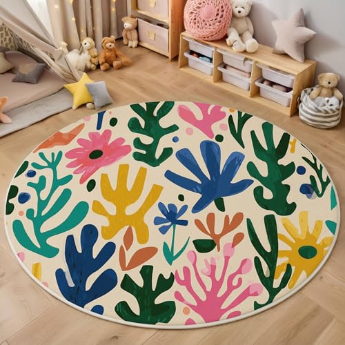 Abstrakte Pflanzenblumen Kurzflor Teppich Rund, Handgezeichnete Graffiti Wohnzimmerteppich, Mehrfarbig Runder Teppich 60cm Round Eingangsbereich Weich for Wohnzimmer Schlafzimmer Studie Heimbüro von ZISTRCBAO