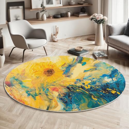 Abstrakte Sonnenblume Kurzflor Teppich Rund, Aquarell-Graffiti Wohnzimmerteppich, Gelb Runder Teppich 100cm Round Eingangsbereich Waschbar Weich for Wohnzimmer Schlafzimmer Studie Heimbüro Abstrakte Sonnenblume Kurzflor Teppich Rund, Aquarell-Graffiti Wohnzimmerteppich, Gelb Runder Teppich 100cm Round Eingangsbereich Waschbar Weich for Wohnzimmer Schlafzimmer Studie Heimbüro von ZISTRCBAO