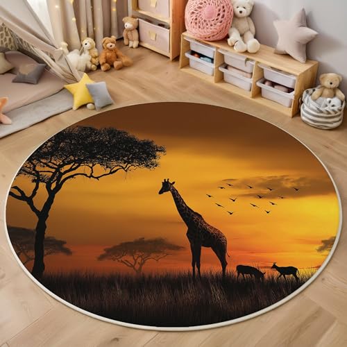 Afrikanische Giraffensilhouette Kurzflor Teppich Rund, Landschaftsrealismus Wohnzimmerteppich, Orange Runder Teppich 160cm Round Eingangsbereich Weich for Wohnzimmer Schlafzimmer Studie Heimbüro von ZISTRCBAO