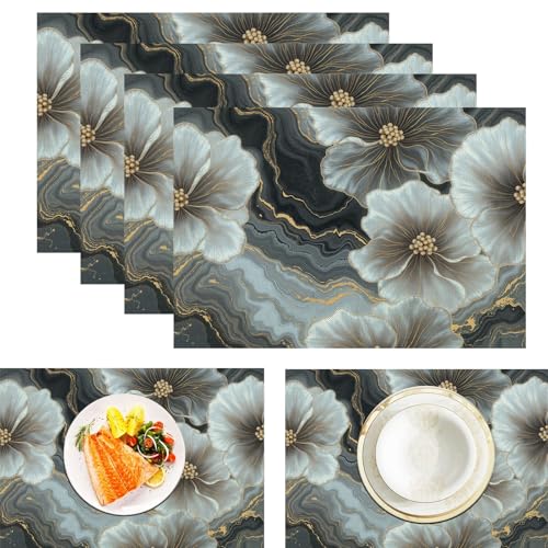 Aquarell Blumen Tischsets Abwaschbar 2er Set, Vintage-Luxus Platzsets Abwischbar Leinen Hitzebeständig Platzdeckchen rutschfest Für Essen Partys Und Täglichen Gebrauch 45x30cm, Grau von ZISTRCBAO