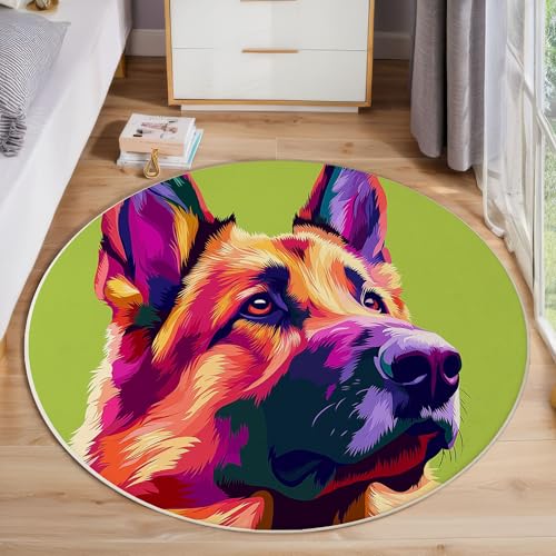 Aquarell Deutscher Schäferhund Kurzflor Teppich Rund, Tierportrait Wohnzimmerteppich, Hellbraun Runder Teppich 180cm Round Eingangsbereich Waschbar Weich for Wohnzimmer Schlafzimmer Studie Heimbüro von ZISTRCBAO