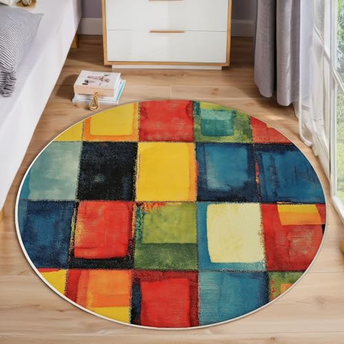 Aquarell-Farbverlaufsquadrate rutschfest Runder Teppich 160cm, Moderne Abstrakte Runder Teppich Wohnzimmer, Mehrfarbig Dekoration Waschbar Für Zuhause Bodenmatte Schlafzimmer Dekorativer von ZISTRCBAO