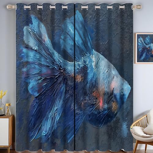 Aquarell Fisch Verdunkelungsvorhänge, Moderne Abstraktion Thermisch Isoliert Fensterbehandlung Vorhänge Für Wohnzimmer Dekoration, Blau 2 Paneele H182xB91cm von ZISTRCBAO