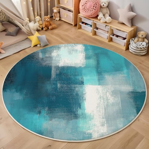 Aquarell Geometrisch Kurzflor Teppich Rund, Moderne Abstraktion Wohnzimmerteppich, Blaugrün Runder Teppich 100cm Round Eingangsbereich Waschbar Weich for Wohnzimmer Schlafzimmer Studie Heimbüro von ZISTRCBAO
