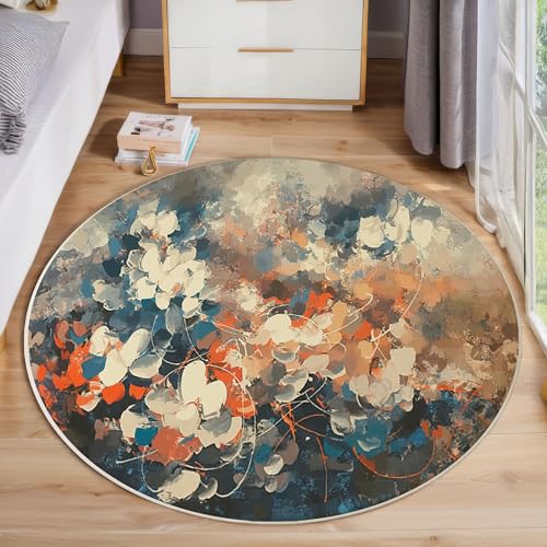 Aquarell-Graffiti Rutschfest Runder Teppich 120cm, Moderne Kunst Runder Teppich Wohnzimmer, Orange Dekoration Teppiche Weich Waschbar Für Zuhause Bodenmatte Schlafzimmer Dekorativer Teppiche von ZISTRCBAO