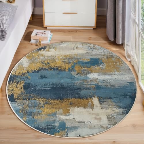 Aquarell-Graffiti rutschfest Runder Teppich 100cm, Moderne Abstraktion Runder Teppich Wohnzimmer, Blau Dekoration Teppiche Weich Waschbar Für Zuhause Bodenmatte Schlafzimmer Dekorativer Teppiche von ZISTRCBAO