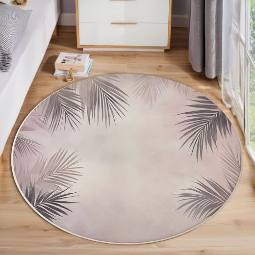 Aquarell Palmblätter Rutschfest Runder Teppich 180cm, Tropische Pflanzen Runder Teppich Wohnzimmer, Rosa Dekoration Teppiche Weich Waschbar Für Zuhause Bodenmatte Schlafzimmer Dekorativer Teppiche von ZISTRCBAO