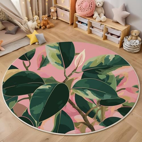 Aquarellblätter Kurzflor Teppich Rund, Moderner Minimalist Wohnzimmerteppich, Dunkelgrün Runder Teppich 160cm Round Eingangsbereich Waschbar Weich for Wohnzimmer Schlafzimmer Studie Heimbüro von ZISTRCBAO