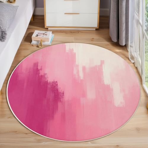 Aquarelltextur Runder Teppich Innenbereich, Abstrakte Kunst Teppich Rund rutschfest Schlafzimmer Teppiche, Niedrigflorig rutschfest Fussabstreifer Fürs Wohnzimmer Flur Büro (80cm, Rosa) von ZISTRCBAO