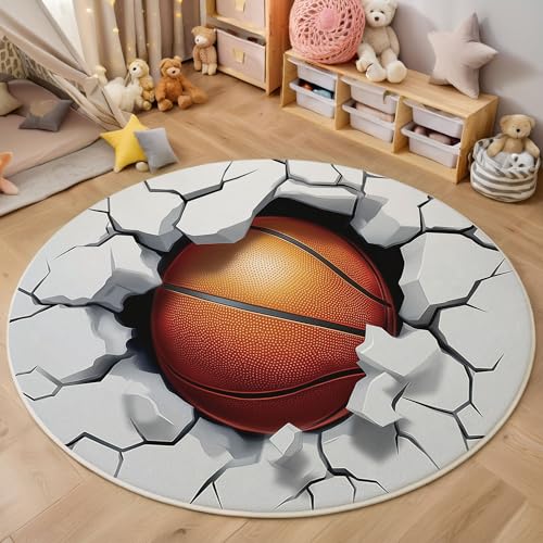 Basketball Durchbricht Mauer Kurzflor Teppich Rund, Einfacher Cartoon Wohnzimmerteppich, Weiß Runder Teppich 80cm Round Eingangsbereich Waschbar Weich for Wohnzimmer Schlafzimmer Studie Heimbüro von ZISTRCBAO