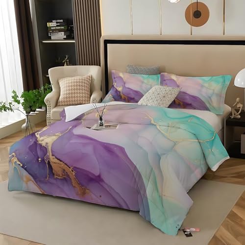 Bettwäsche 135X200 2Teilig Bettbezug 135 X 200 Cm Mit Kissenbezug 80X80 Cm, Set Violetter Und Grüner Marmor Mit Farbverlauf Und Goldbesatz Für Einzelbett Mit Reißverschluss Weich Und Bügelfrei von ZISTRCBAO
