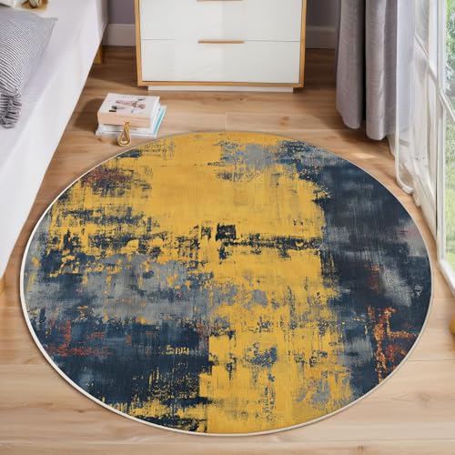 Blau-Gelbes Farbverlaufsaquarell Rutschfest Runder Teppich 60cm, Retro-Boho Runder Teppich Wohnzimmer, Gelb Dekoration Teppiche Weich Waschbar Für Zuhause Bodenmatte Schlafzimmer Dekorativer Teppiche von ZISTRCBAO