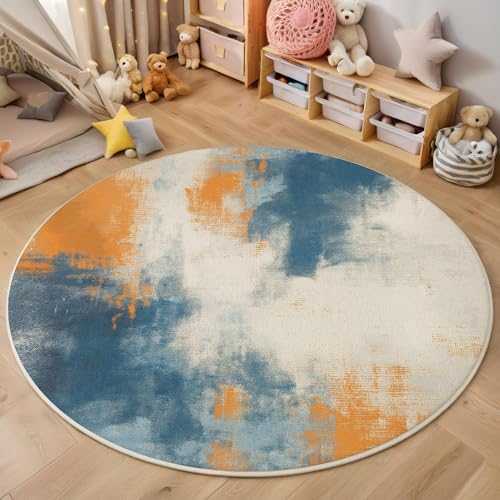 Blau-Orange Graffiti Rutschfest Runder Teppich 120cm, Retro-Aquarell Runder Teppich Wohnzimmer, Blau Dekoration Teppiche Weich Waschbar Für Zuhause Bodenmatte Schlafzimmer Dekorativer Teppiche Blau-Orange Graffiti Rutschfest Runder Teppich 120cm, Retro-Aquarell Runder Teppich Wohnzimmer, Blau Dekoration Teppiche Weich Waschbar Für Zuhause Bodenmatte Schlafzimmer Dekorativer Teppiche von ZISTRCBAO