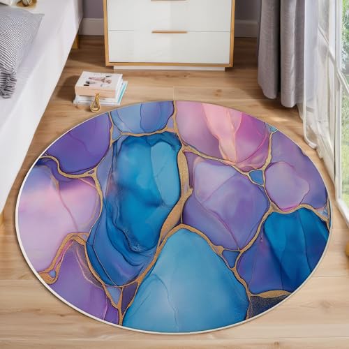 Blau-Violette Marmorstruktur Runder Teppich, Moderne Abstrakte Runde, Weich Waschbar rutschfest Wohnzimmer Schlafzimmer Nachttisch Restaurant Korridor Fußmatte (60cm, Lila) von ZISTRCBAO