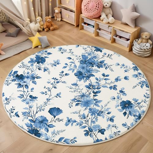 Blau Weiß Geblümt Rutschfest Runder Teppich 80cm, Retro-Pastoralstil Runder Teppich Wohnzimmer, Blau Dekoration Teppiche Weich Waschbar Für Zuhause Bodenmatte Schlafzimmer Dekorativer Teppiche von ZISTRCBAO