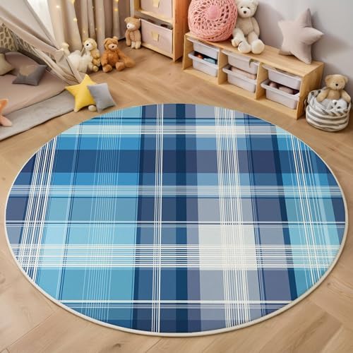 Blau-Weißes Schottisches Plaid Rutschfest Runder Teppich 180cm, Moderne Schlichtheit Runder Teppich Wohnzimmer, Blau Dekoration Teppiche Weich Waschbar Für Zuhause Bodenmatte Schlafzimmer Teppiche von ZISTRCBAO