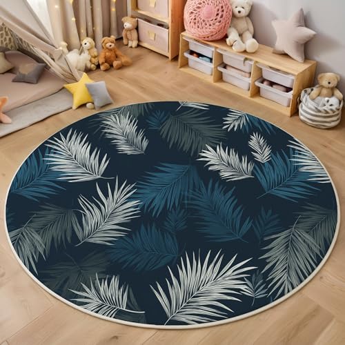 Blaue Palmblätter Rutschfest Runder Teppich 120cm, Modern Einfach Runder Teppich Wohnzimmer, Dunkelblau Dekoration Teppiche Weich Waschbar Für Zuhause Bodenmatte Schlafzimmer Dekorativer Teppiche von ZISTRCBAO