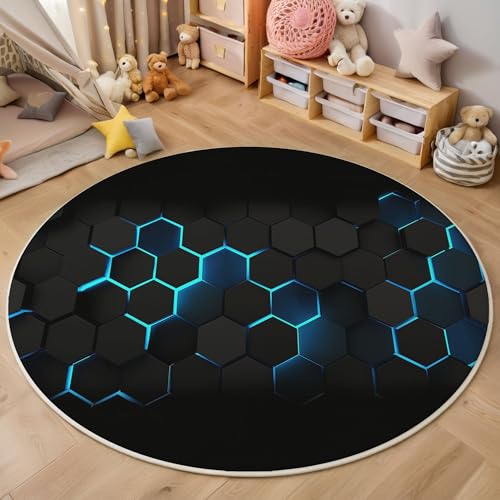 Blaue Sechseckgeometrie Runder Teppich, Moderne Abstrakte Runde Teppiche, Weich Waschbar rutschfest Wohnzimmer Schlafzimmer Nachttisch Restaurant Korridor Fußmatte Teppiche (60cm, Blau) von ZISTRCBAO
