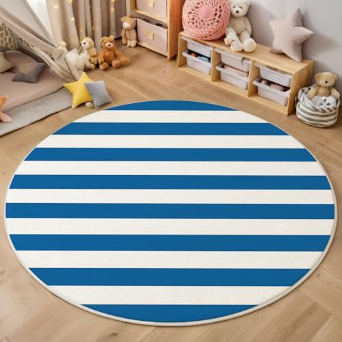 Blaue Und Weiße Streifen Kurzflor Teppich Rund, Moderne Schlichtheit Wohnzimmerteppich, Blau Runder Teppich 100cm Round Eingangsbereich Waschbar Weich for Wohnzimmer Schlafzimmer Studie Heimbüro Blaue Und Weiße Streifen Kurzflor Teppich Rund, Moderne Schlichtheit Wohnzimmerteppich, Blau Runder Teppich 100cm Round Eingangsbereich Waschbar Weich for Wohnzimmer Schlafzimmer Studie Heimbüro von ZISTRCBAO