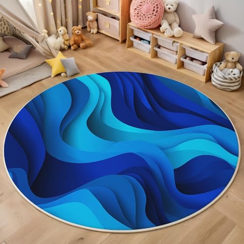 Blaue Wellenlinien Runder Teppich, Moderne Abstrakte Runde Teppiche, Weich Waschbar rutschfest Wohnzimmer Schlafzimmer Nachttisch Restaurant Korridor Fußmatte Teppiche (160cm, Dunkelblau) von ZISTRCBAO