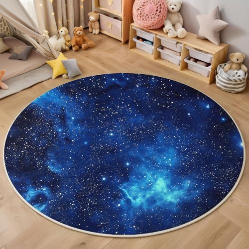 Blauer Sternenhimmel Kurzflor Teppich Rund, Traumuniversum Wohnzimmerteppich, Dunkelblau Runder Teppich 180cm Round Eingangsbereich Waschbar Weich for Wohnzimmer Schlafzimmer Studie Heimbüro von ZISTRCBAO