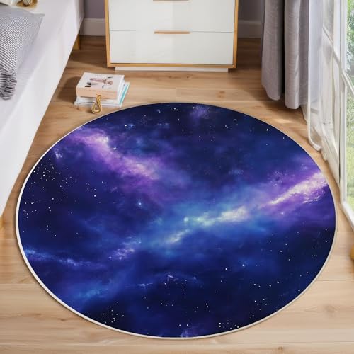Blauer Sternenhimmel Rutschfest Runder Teppich 180cm, Traumuniversum Runder Teppich Wohnzimmer, Lila Dekoration Teppiche Weich Waschbar Für Zuhause Bodenmatte Schlafzimmer Dekorativer Teppiche von ZISTRCBAO