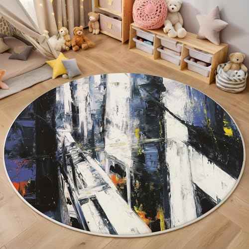 Blaues Aquarell-Graffiti Kurzflor Teppich Rund, Moderne Abstrakte Wohnzimmerteppich, Weiß Runder Teppich 100cm Round Eingangsbereich Waschbar Weich for Wohnzimmer Schlafzimmer Studie Heimbüro von ZISTRCBAO