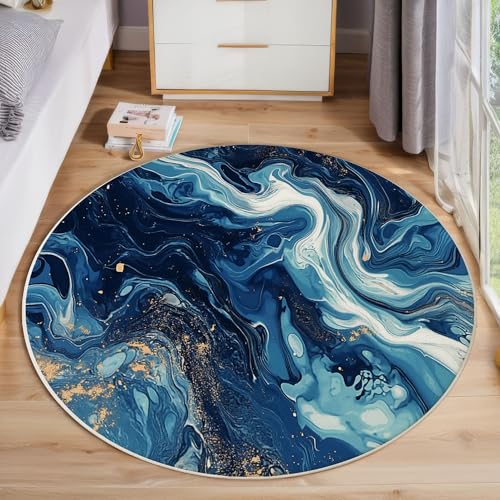 Blaugoldener Marmor Kurzflor Teppich Rund, Moderne Abstraktion Wohnzimmerteppich, Marineblau Runder Teppich 180cm Round Eingangsbereich Waschbar Weich for Wohnzimmer Schlafzimmer Studie Heimbüro von ZISTRCBAO