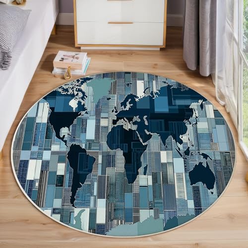 Block-Weltkarte Runder Teppich, Moderne Abstraktion Runde, Weich Waschbar rutschfest Wohnzimmer Schlafzimmer Nachttisch Restaurant Korridor Fußmatte (60cm, Dunkelblau) von ZISTRCBAO