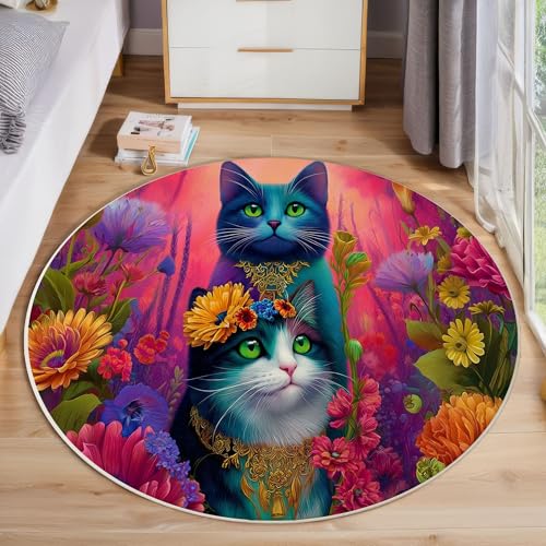 Blumen Katzen Tiere Rutschfest Runder Teppich 180cm, Fantasy-Kunst Runder Teppich Wohnzimmer, Rosa Dekoration Teppiche Weich Waschbar Für Zuhause Bodenmatte Schlafzimmer Dekorativer Teppiche von ZISTRCBAO